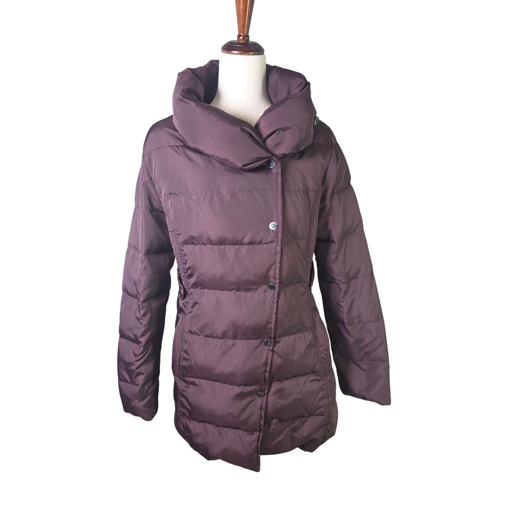 Nine West Womens Puffer Coat Burgundy Plum Down Fill Shawl Collar Large 9WKT3002